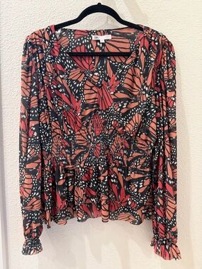 DR2 Coral and Black Butterfly-Print Smocked Waist Blouse